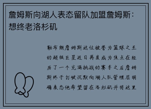 詹姆斯向湖人表态留队加盟詹姆斯：想终老洛杉矶